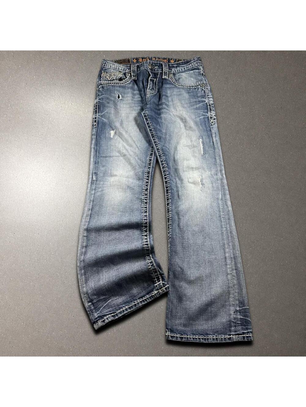 Y2K Grunge Rock Revival Lamont Distressed Bootcut Jeans - Fits 31x30.5!